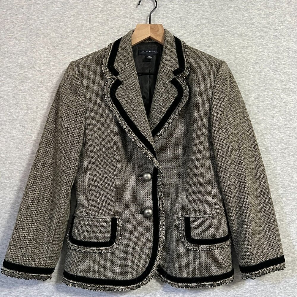 Vintage Y2K Banana Republic Tweed Jacket Womens M Black‎ Wool Blazer Academia